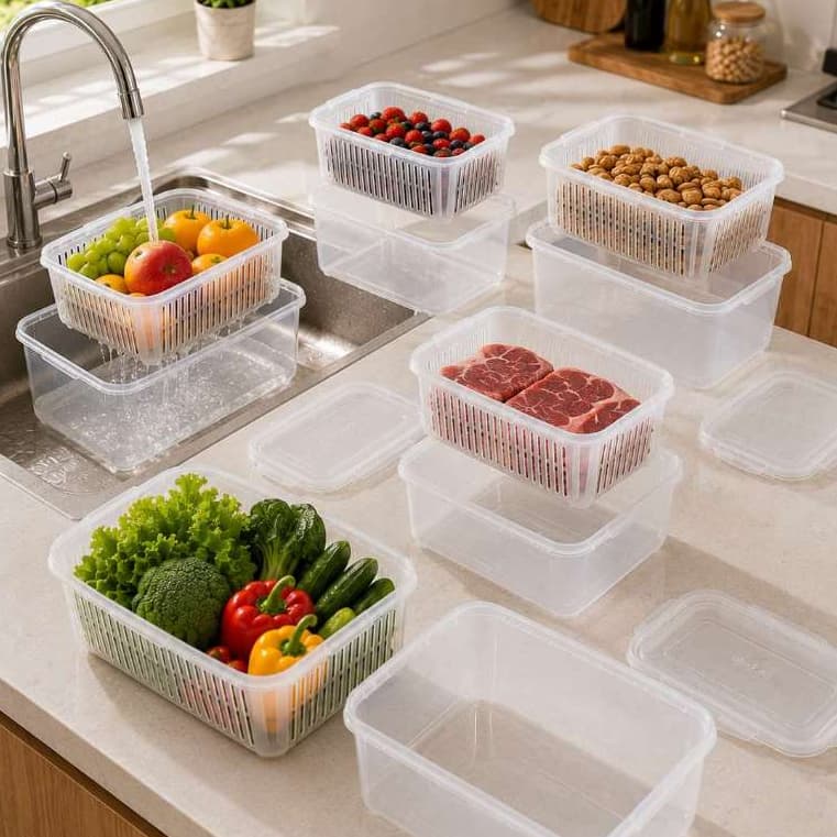 Kit 5 Potes Hermética Organizadores para Geladeira com Cesto Drenante e Tampa para Frutas e Legumes