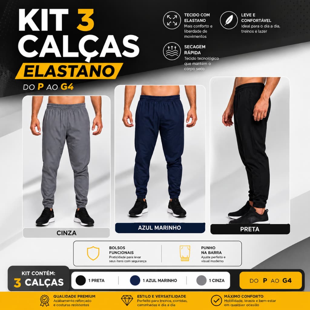 Kit 3 Calças Masculinas Elastano Elástico com Bolso | Calça Jogger Esportiva para Academia, Corrida e Dia a Dia