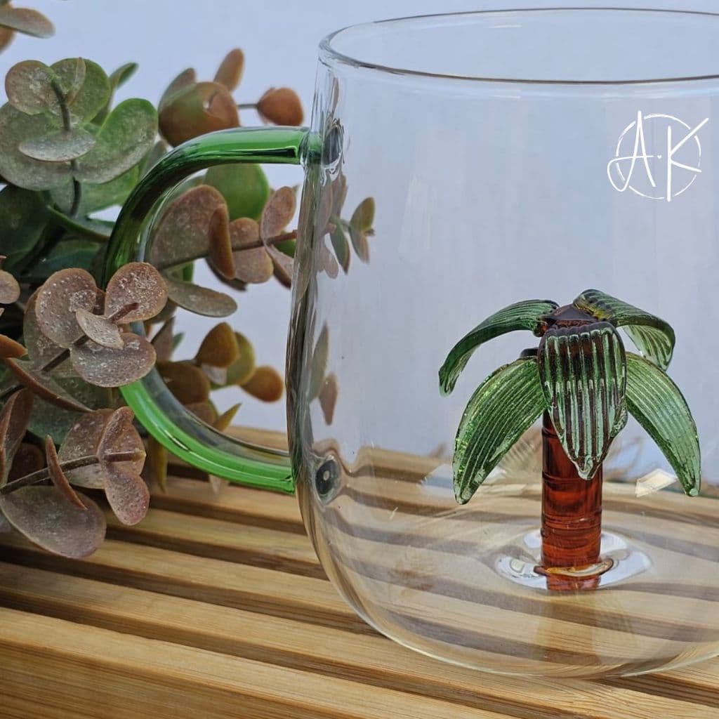 Caneca de Vidro Borossilicato 3D Coqueiro Palmeira Mesa Posta Tropical Hauskraft Premium 400ml