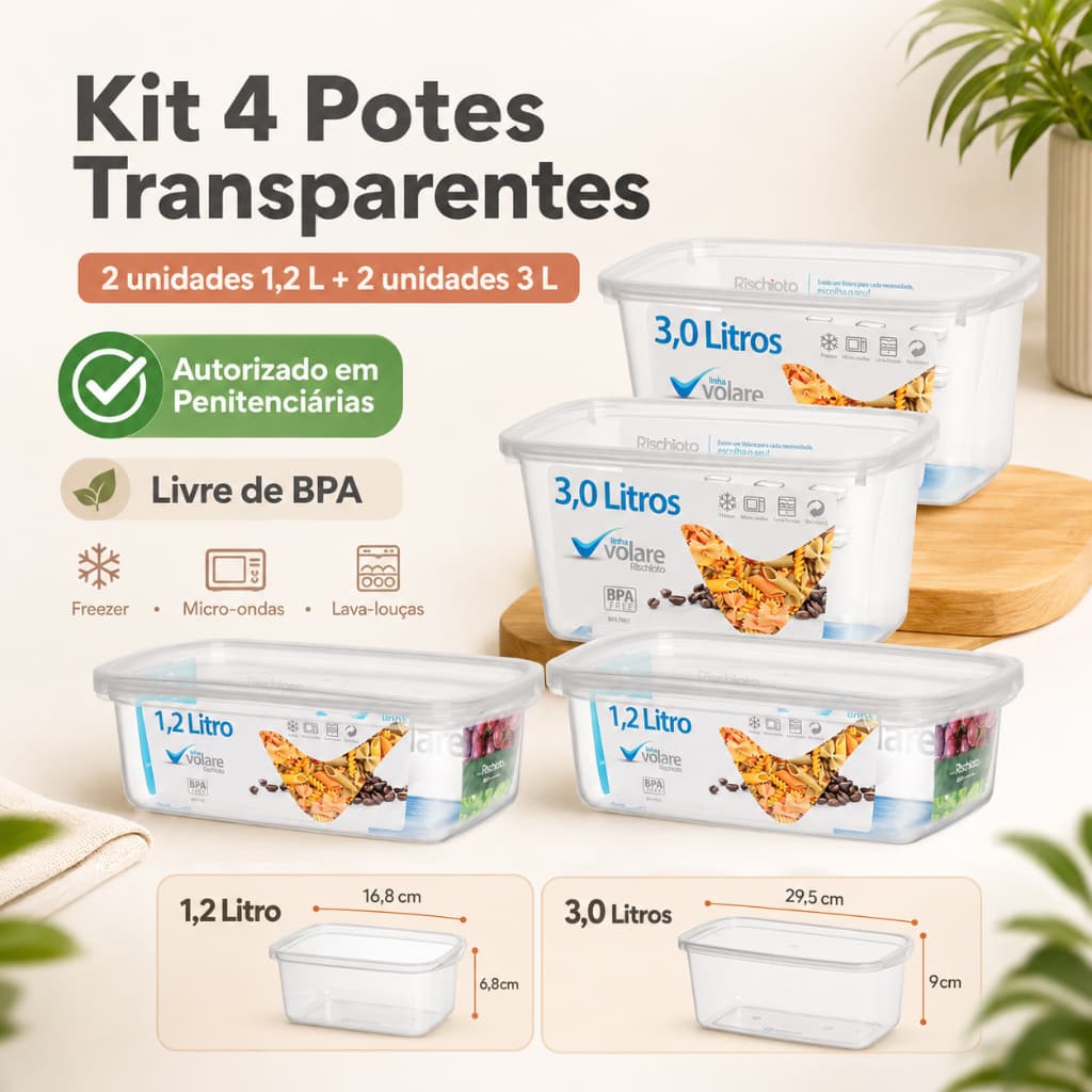 Pote Plástico Transparente Kit C/4 Volare Rischioto 3L e 1,2L Presídio Kit Penitenciaria