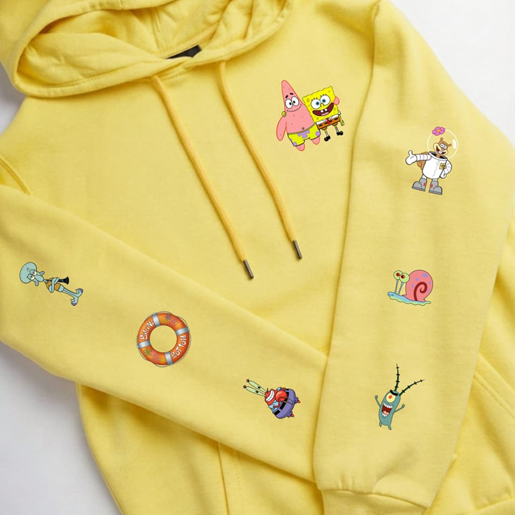 Moletom Canguru Personagens Calça Quadrada Bob Esponja Fenda do Biquíni com Capuz Unissex Estampado HT Co.