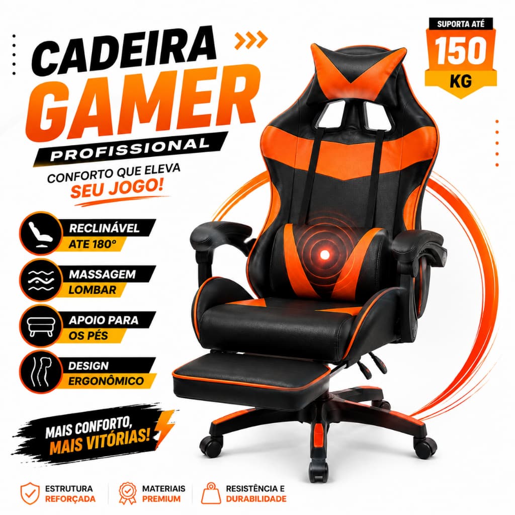 Cadeira Gamer Profissional Ergonômica Reclinável com Massagem Lombar Apoio para Pés 150kg