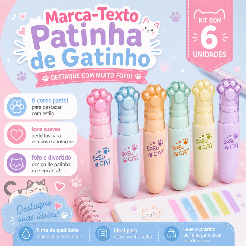 Kit 6 Marca Textos Fofos Formatos Divertidos Sorvete Gatinha Vaquinha Picolé Marca Texto Divertido