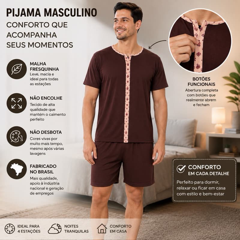 pijama masculino americano curto meia manga botões pós cirúrgico