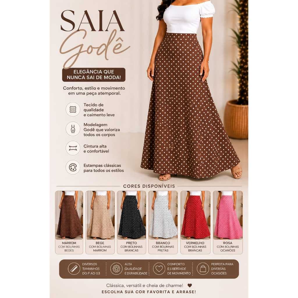 Saia Longa Poá Bolinha Retrô Vintage Moda Feminina Elegante confortável - Moda Evangelica