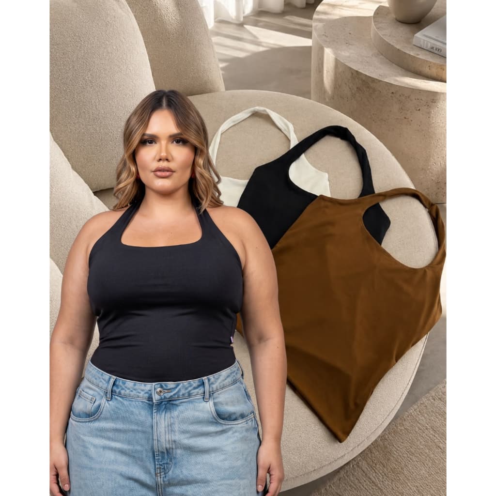 Regata Decote Quadrado Feminina Plus Size Halter Frente Forrada Única Blusa Zero Transparência  G1 G2 Fitness