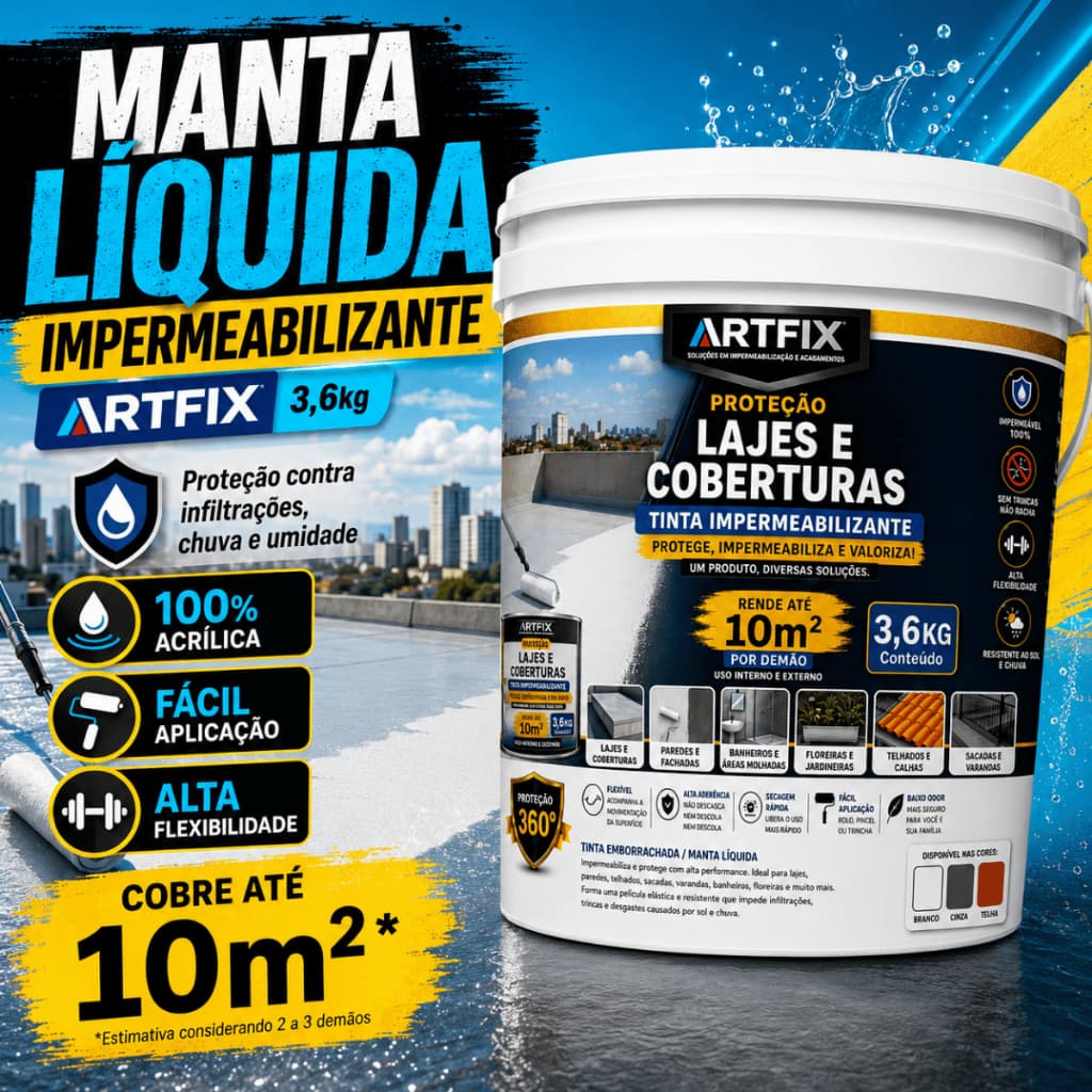 Manta Líquida Emborrachada Artfix 3,6Kg Alta Durabilidade Base 100% Acrílica Vedação Contra Umidade