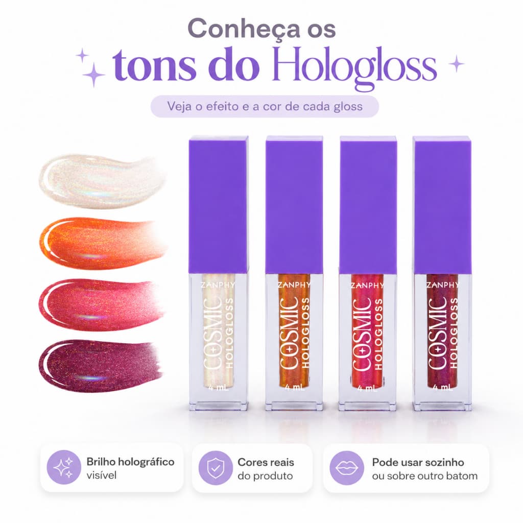Brilho Labial Hologloss 4ml Gloss Holográfico Iridescente Efeito Volume Lábios Zanphy