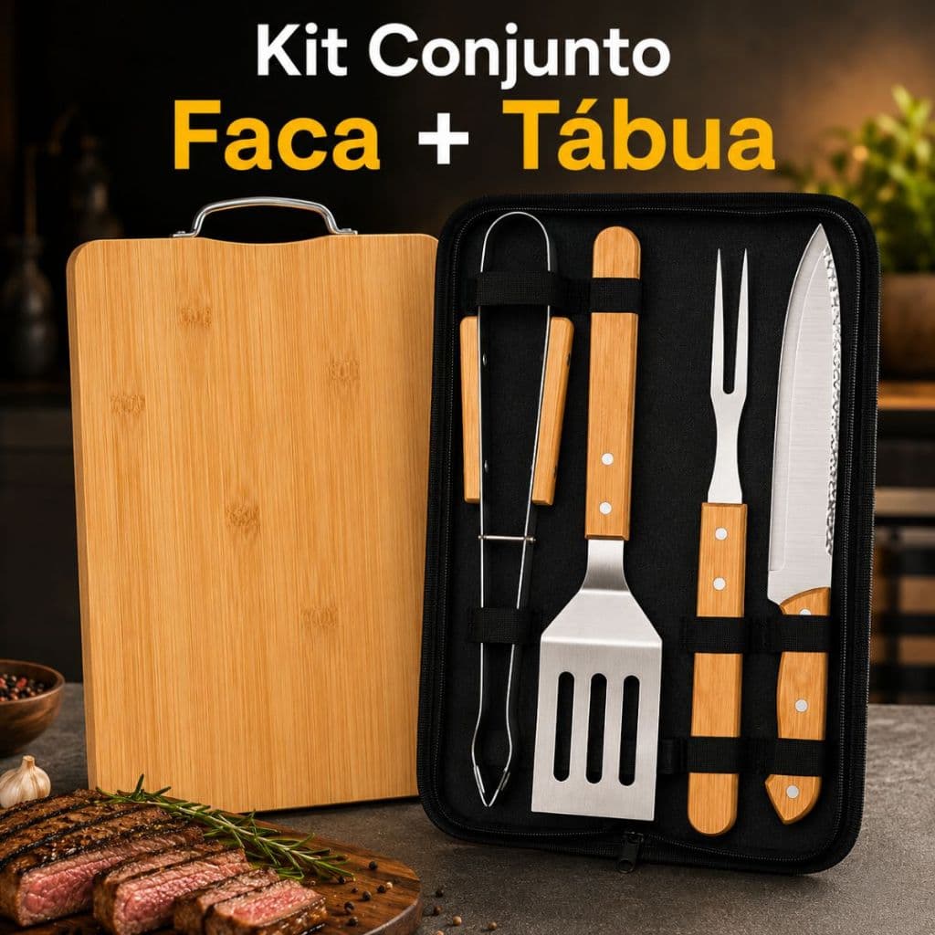 Kit Jogo De Facas Com Tábua Conjunto Estojo Completo Inox Bambu Natural Cozinha Churrasco Carne