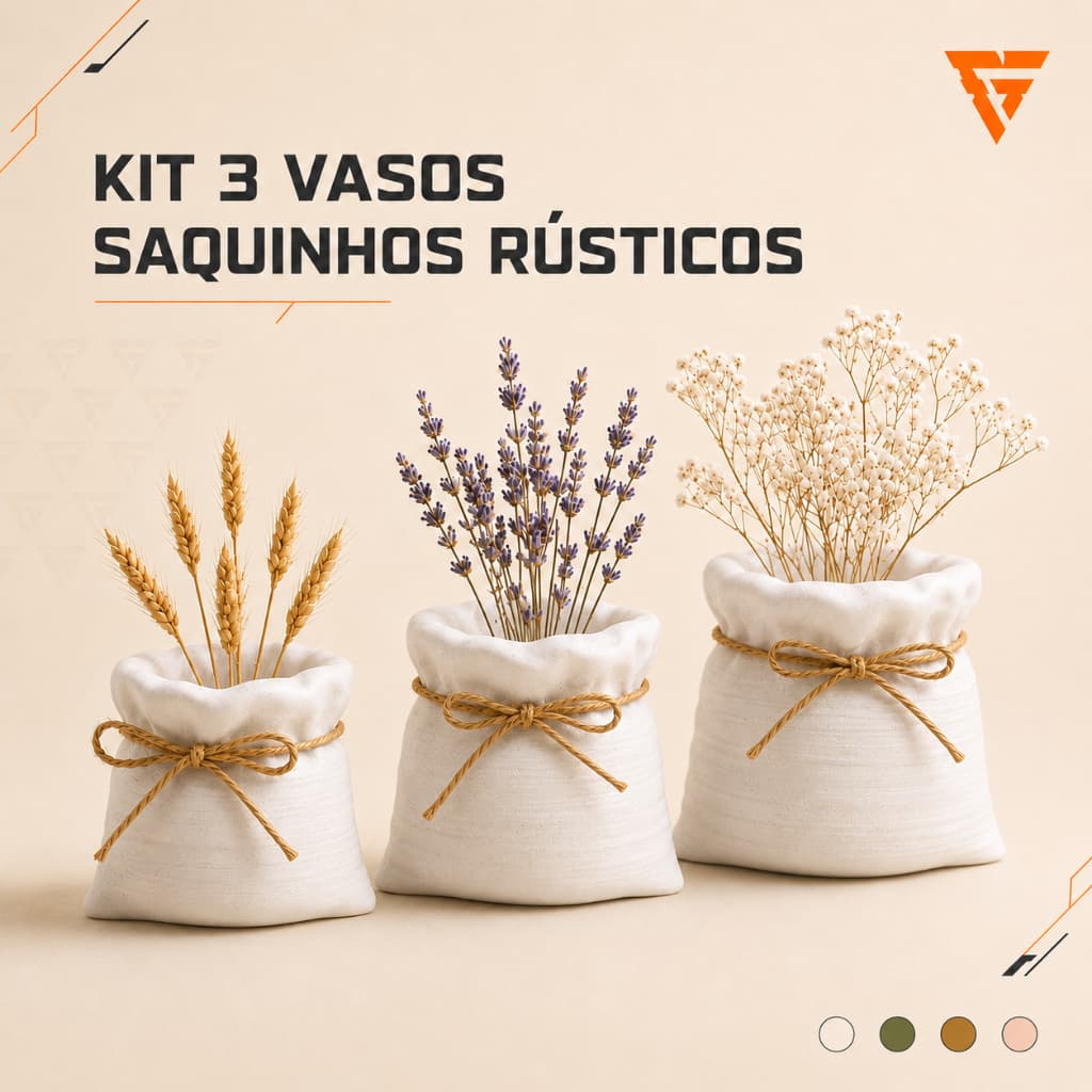 Kit 3 Vasos Saquinho Rústico com Laço de Sisal – 7, 8 e 9 cm
