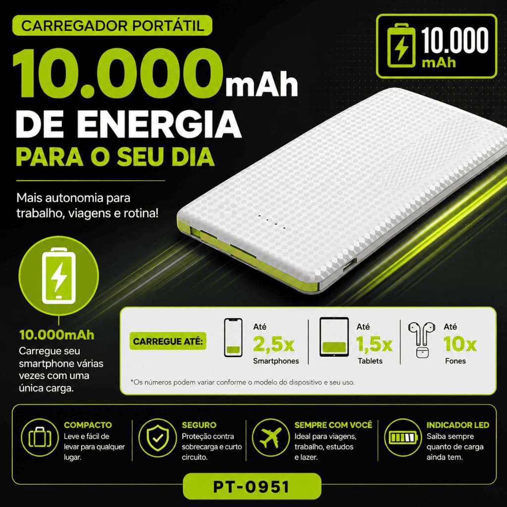 Power Bank 10000mAh Carregador Portátil com 2 USB Display LED Carga Rápida PT-0951