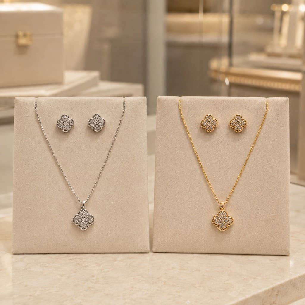 Kit Semijoia Colar e Brinco Cravejado Dourado ou Prateado Elegante