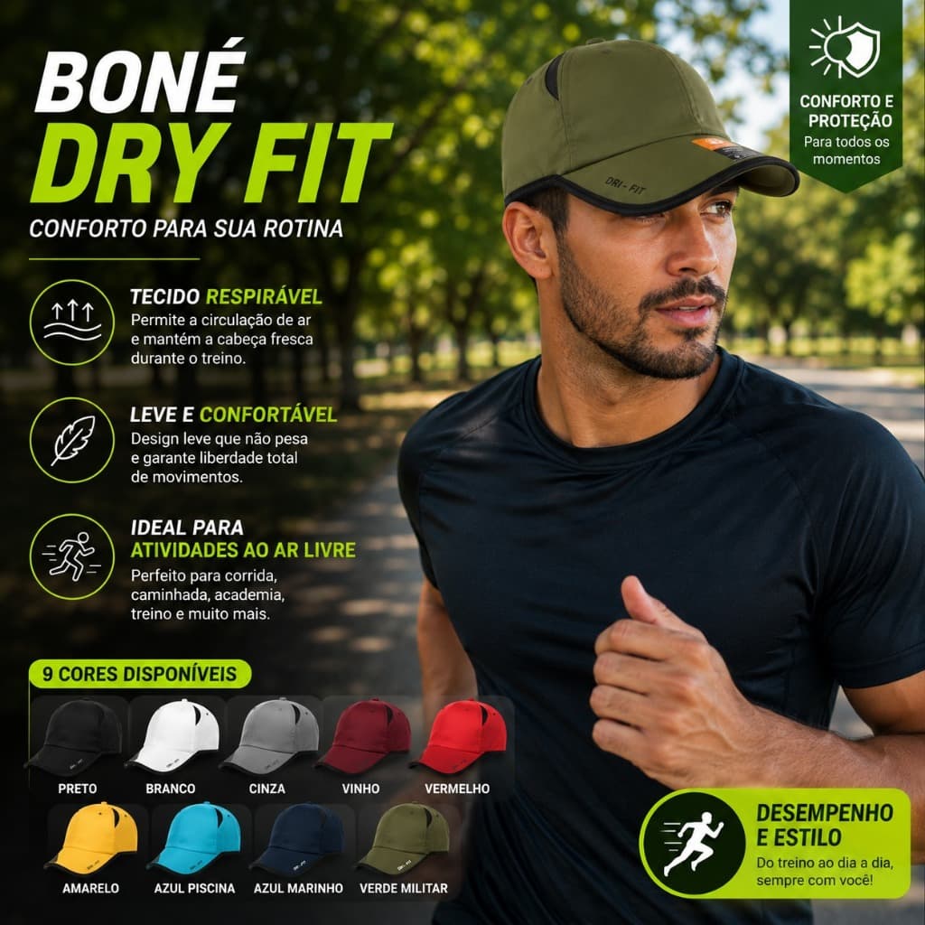 Boné Dry Fit Esportivo Unissex Respirável Boné para Corrida Academia Treino com Velcro