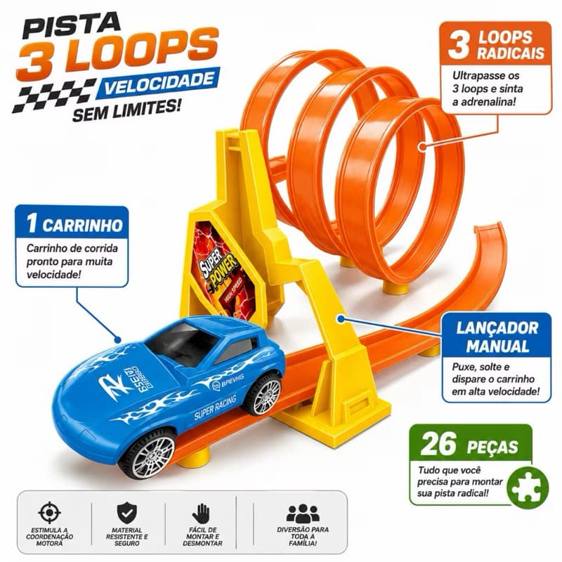 Pista de Corrida Infantil 340cm com 3 Loopings Lançador e Carrinho