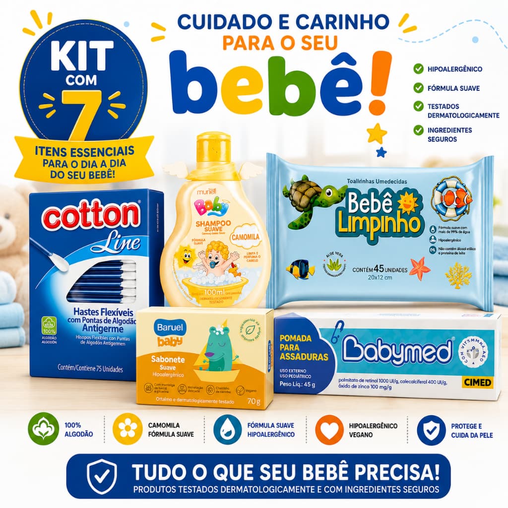 Kit Higiene Bebê Recém-Nascido 7 Itens Lenço Umedecido Pomada Assadura Shampoo Sabonete Hipoalergênico Hastes