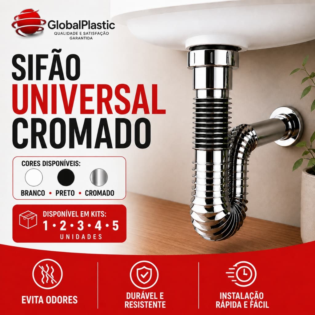 Sifão Universal Sanfonado Flexível Ajustável Cromado Branco Preto para Pia Cuba Lavatório Tanque Cozinha Banheiro