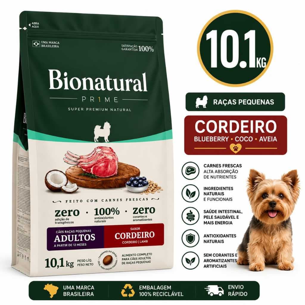 Ração Bionatural Prime Cães Adultos Raças Pequenas Cordeiro Blueberry Coco e Aveia 10.1kg Super Premium Natural