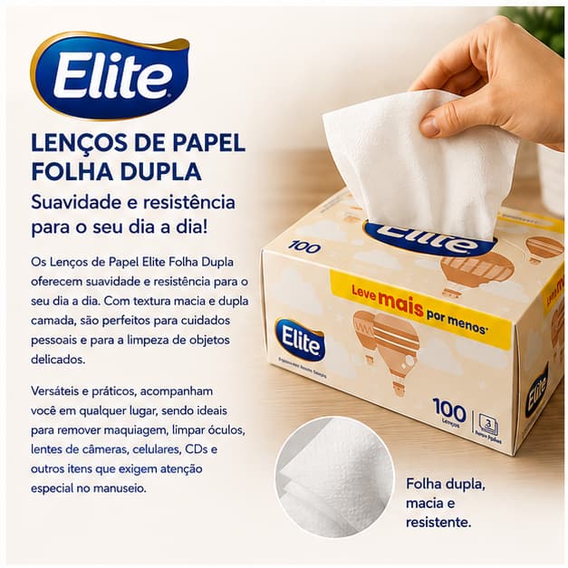 Lenço De Papel Folha Dupla Elite 100 Folhas Alta Absorção Lenço Facial Macio Uso Diário