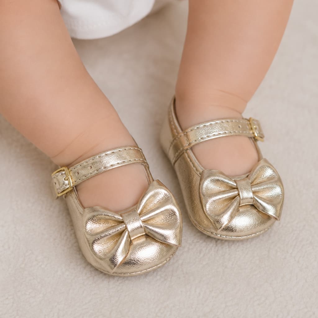 Sapatilha bebê menina sapatinho super macio e com laço luxuoso nas cores dourado e off -white  N°13 ao 18