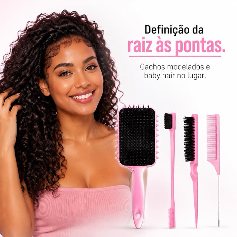 Kit 4 Peças para Cabelos Cacheados Escova de Fitagem Pentes Modelador de Baby Hair e Cachos Crespos Cacheados