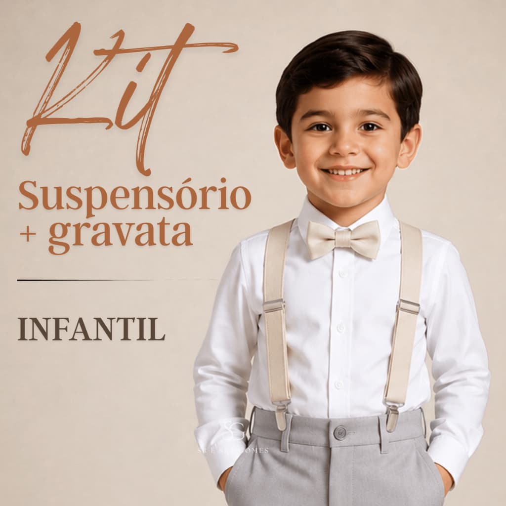 Kit Suspensório Bege Marfim + Gravata Borboleta Infantil