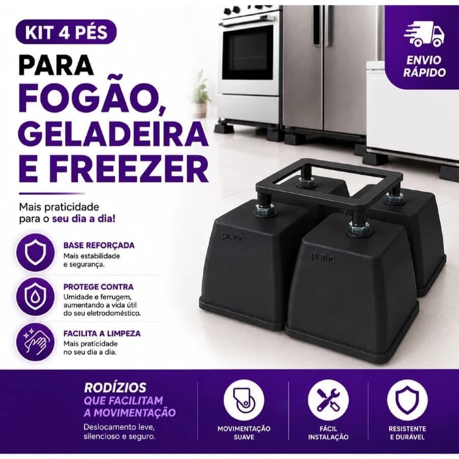 Kit 4 Pés Para Fogão Geladeira Com Rodizio Universal Quadrado Preto/Branco