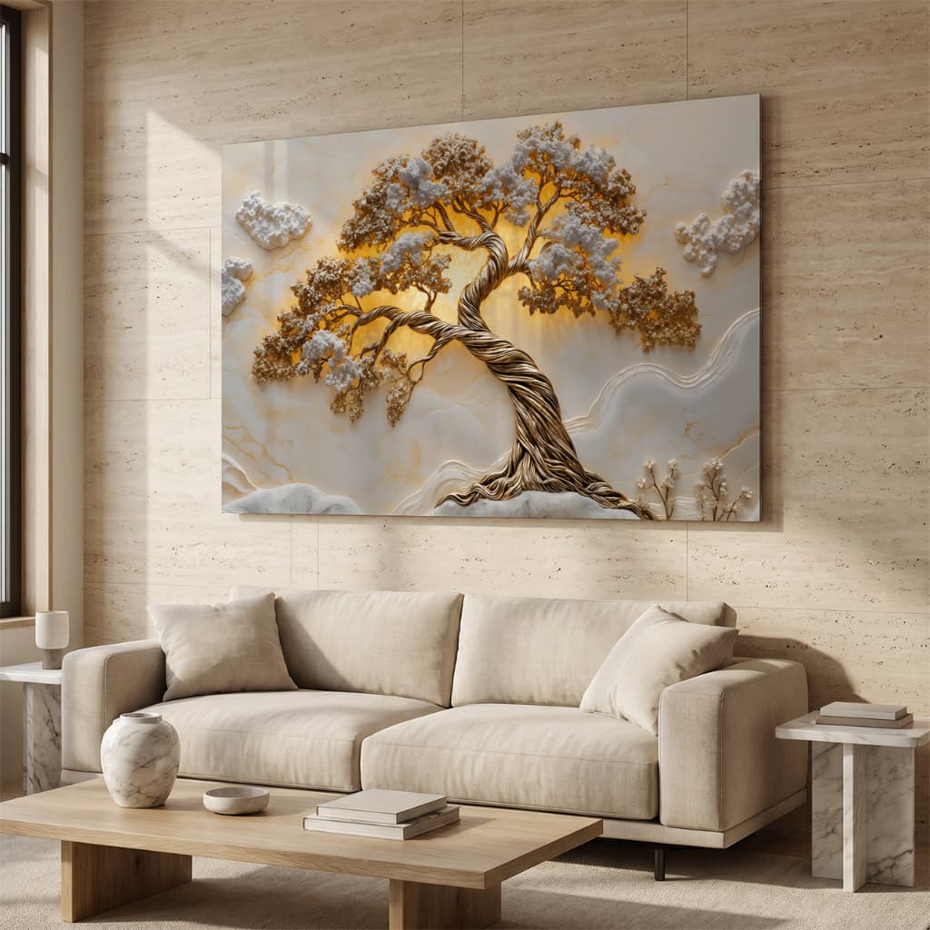 Quadro Decorativo Árvore da Vida Dourada – Arte 3D em Relevo com Fundo Branco, Estilo Luxuoso e Sofisticado