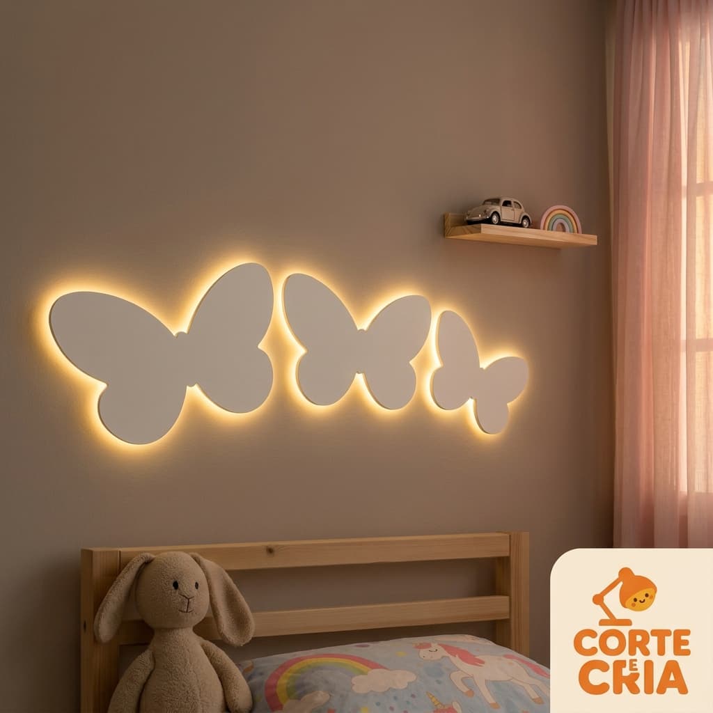 Kit 3 Luminárias Borboleta em MDF com LED – Decoração Infantil Parede Quarto Sala  25x17