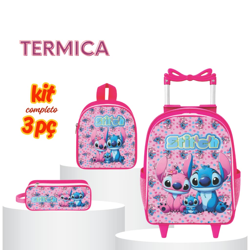 Kit Mochila Escolar Infantil Lilo Stitch  Carrinho e Rodinhas  Lancheira Térmica  Estojo 3 Peças