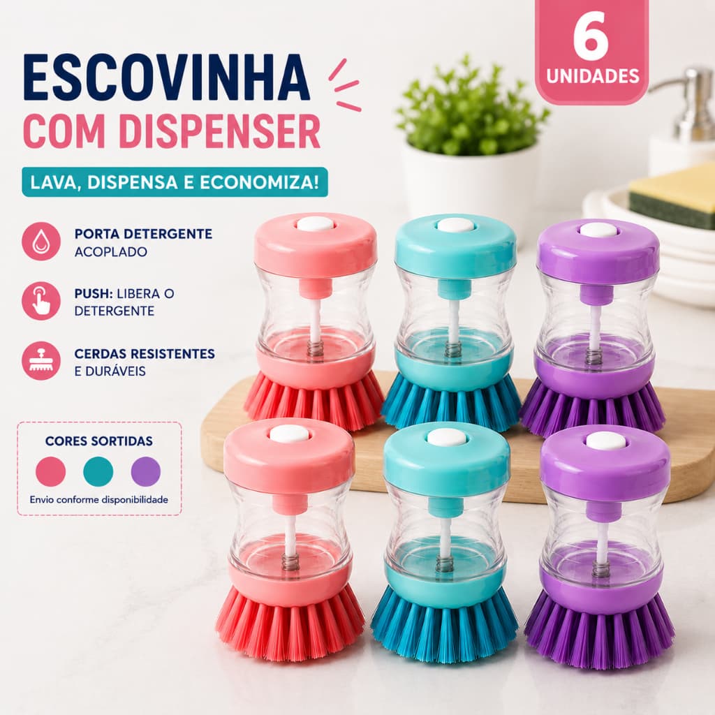 Kit 1 a 6 Escovinha Lava Louça 2 em 1 Escova Dispenser Detergente Limpeza Cozinha Pia  Sabão Esponja