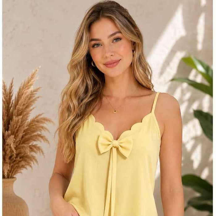 Blusa Regata Feminina, Alça fina regulável, (com Gravata elegante, decote ondulado estilosa), Tecido Duna,