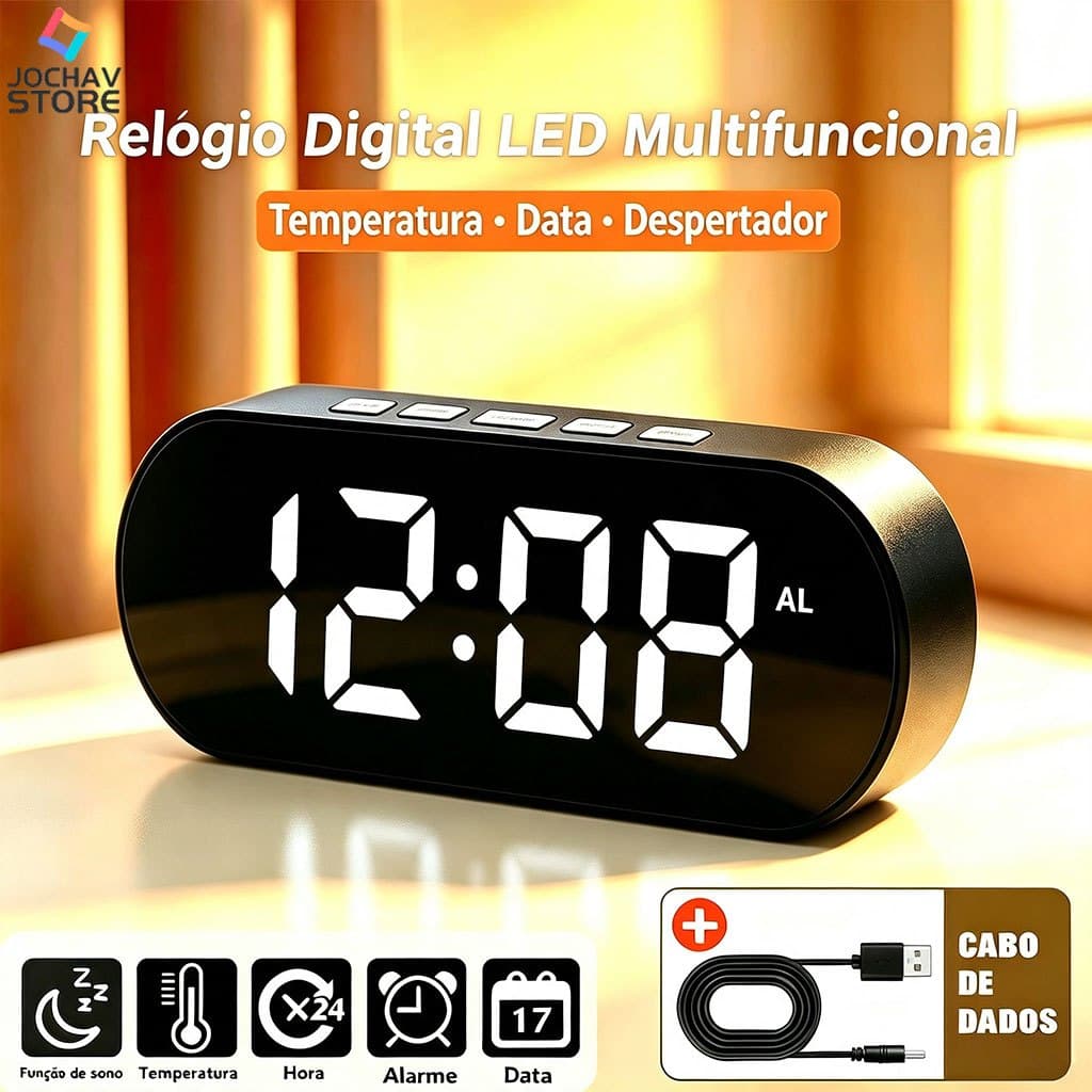 Relógio Despertador Digital de Mesa com Display de Temperatura e Data, Relógio Eletrônico para Quarto