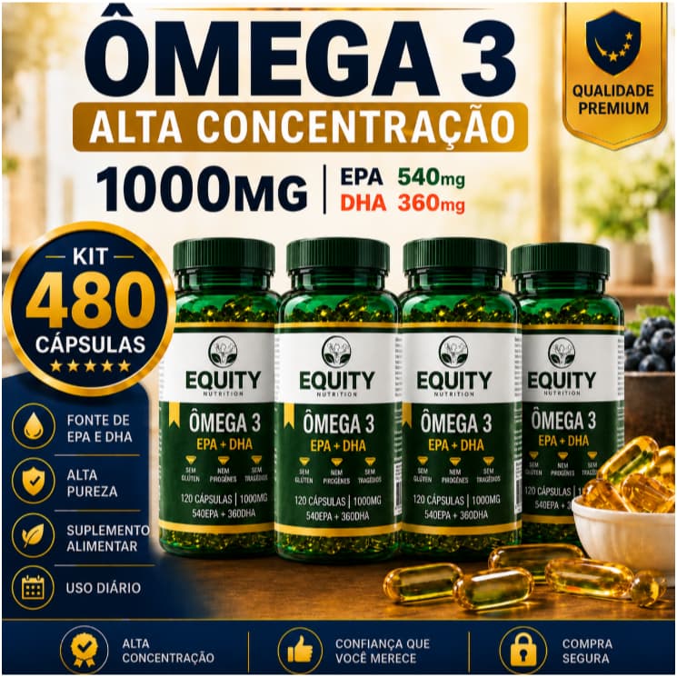 Ômega 3 1000mg EPA DHA 480 Cápsulas Suplemento Original Alta Concentração Equity Nutrition
