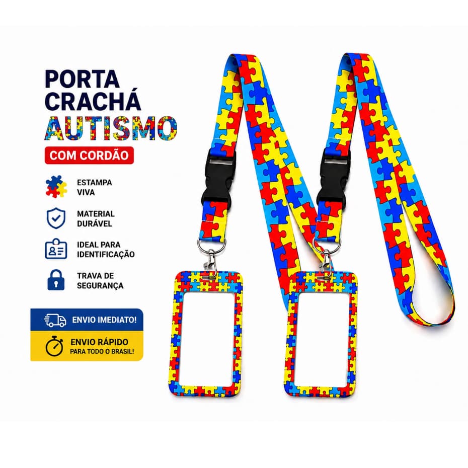 KIT 2 Porta Crachá Autismo TEA + Cordão Autista Quebra-Cabeça com Trava de Segurança