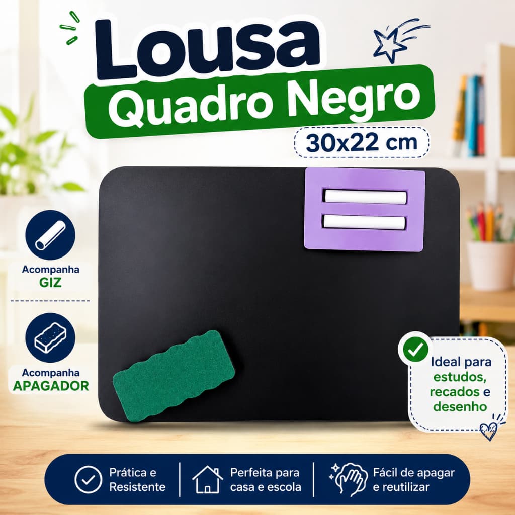 Lousa Quadro Negro Blackboard 30x22cm com Giz e Apagador | Infantil Escolar para Desenho, Estudos e Recados