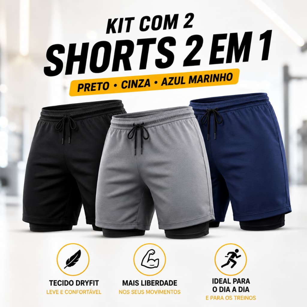 Kit 2 Shorts 2 em 1 Iron P Até G4 Para Academia Forrados Com Bolso Treino Esporte