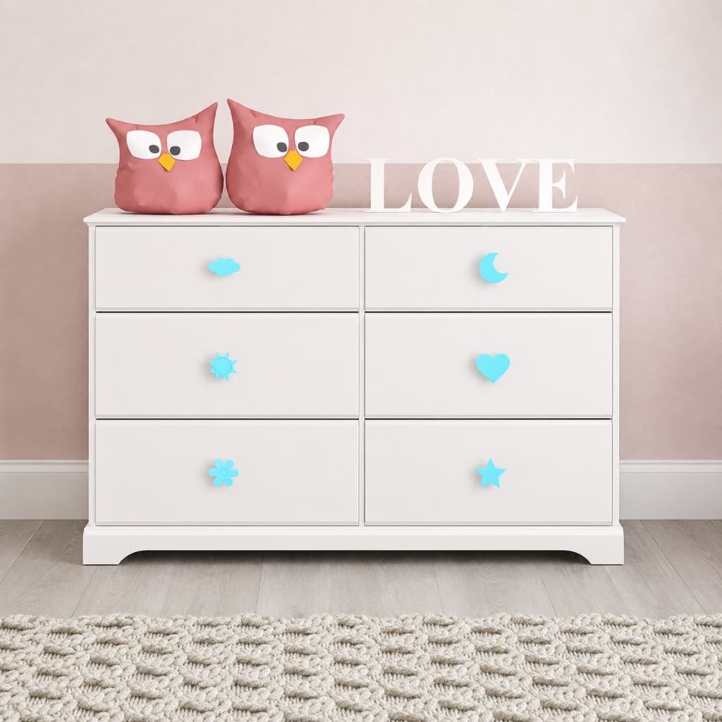 Kit 8 Puxadores de Gaveta Infantil Nuvem Lua Sol Coração Estrela Flor Decorativo Móveis Quarto Criança Várias Cores