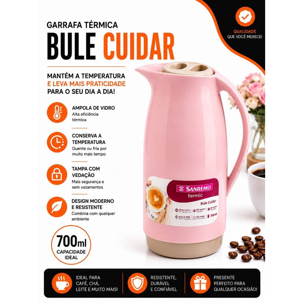 Garrafa Térmica Sanremo Bule Cuidar 700ml – Café e Chá – Conserva Quente e Frio – Com Tampa e Vedação