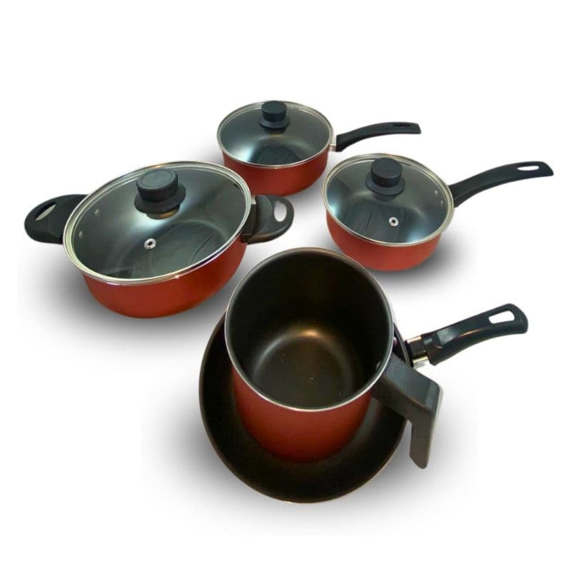Jogo  de Panelas e frigideira Antiaderente Cereja 8pç(4 Panelas Tampa de Vidro 1 Frigideira + 3 Utensílios 8 peças total