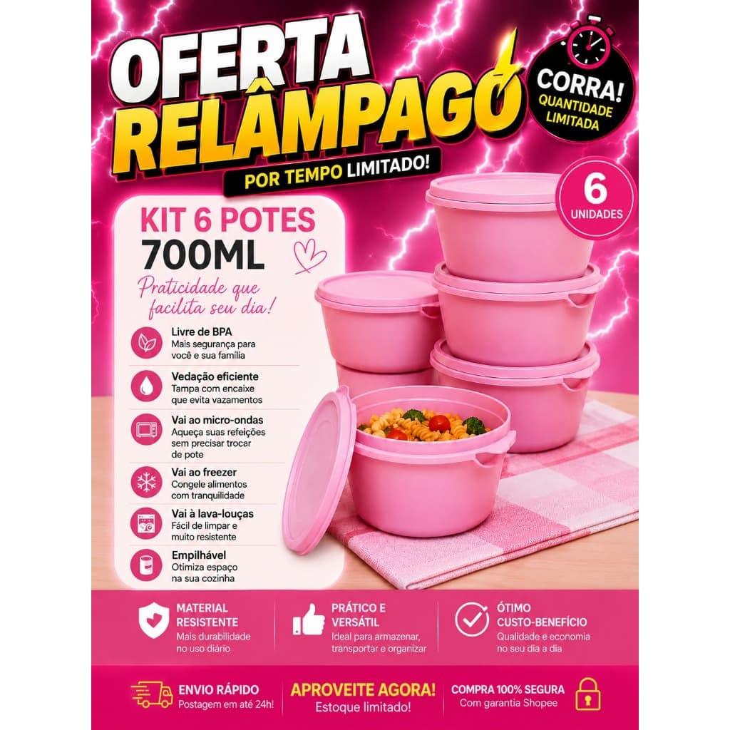 KIT 6 POTES DE 700ML ORGANIZACAO AMARZENAMENTO MARMITAS FITNESS DISPENSA MANTIMENTOS
