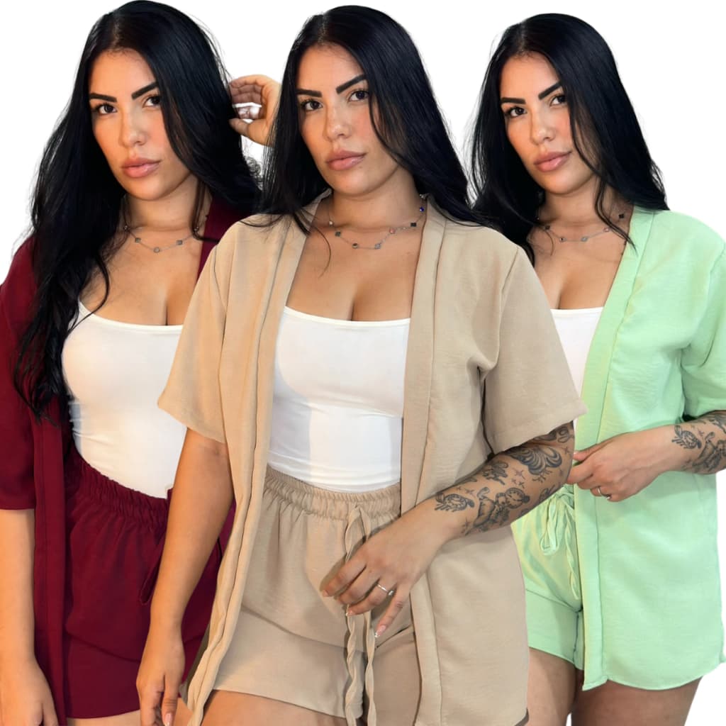 Conjunto Kimono e Short Plus Size Não Amassa Cardigam e Short Estilo Blogueira