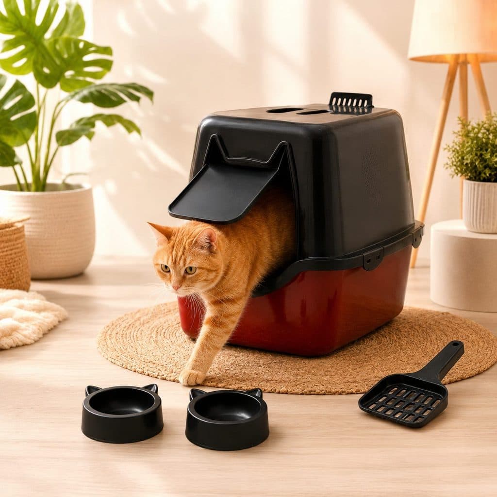 Caixa Areia Fechada Banheiro Toalete Com Pá e Dois Comedouros Sanitário Gato Antiodor Chocolate
