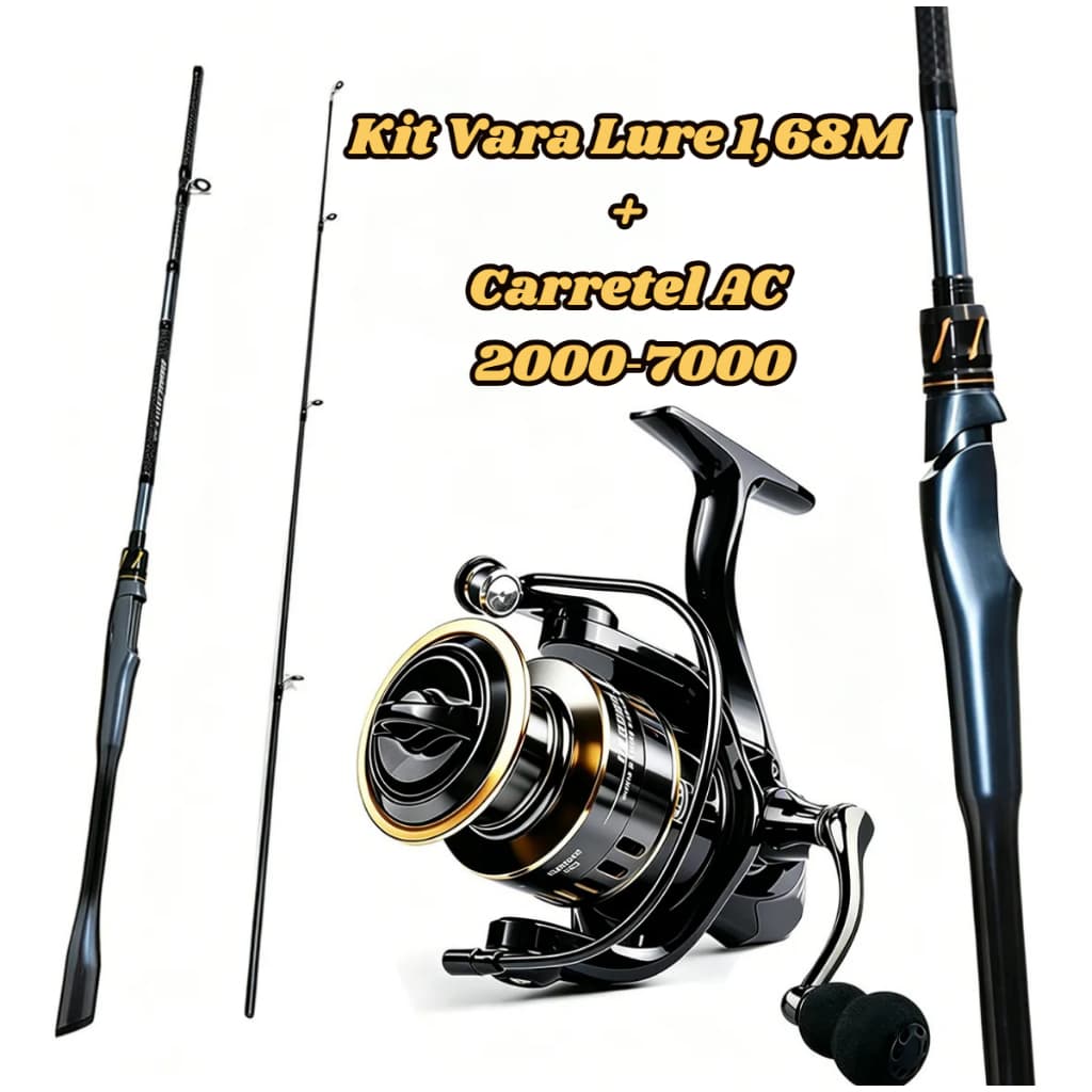 Kit Vara de Pesca Spinning 1,68M + Carretel AC Fibra de Carbono Leve Sensível para Pesca de Isca Água Doce e Salgada