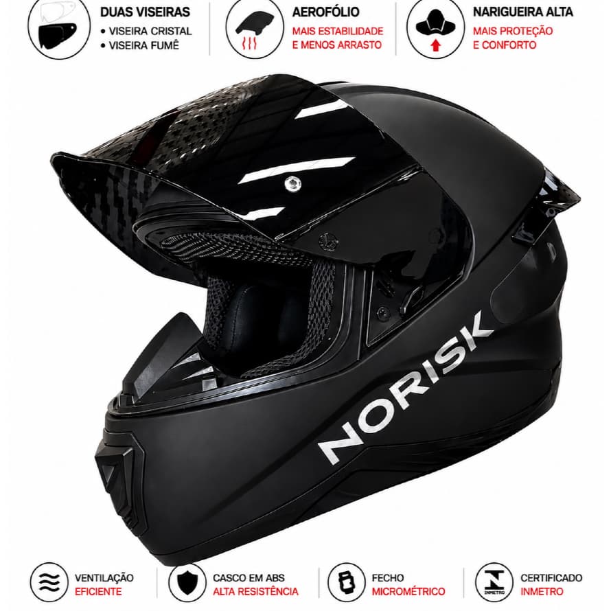 Capacete Moto Norisk Razor Black Edition Preto Fosco 2 Viseiras Fume Cristal + Aerofolio Narigueira