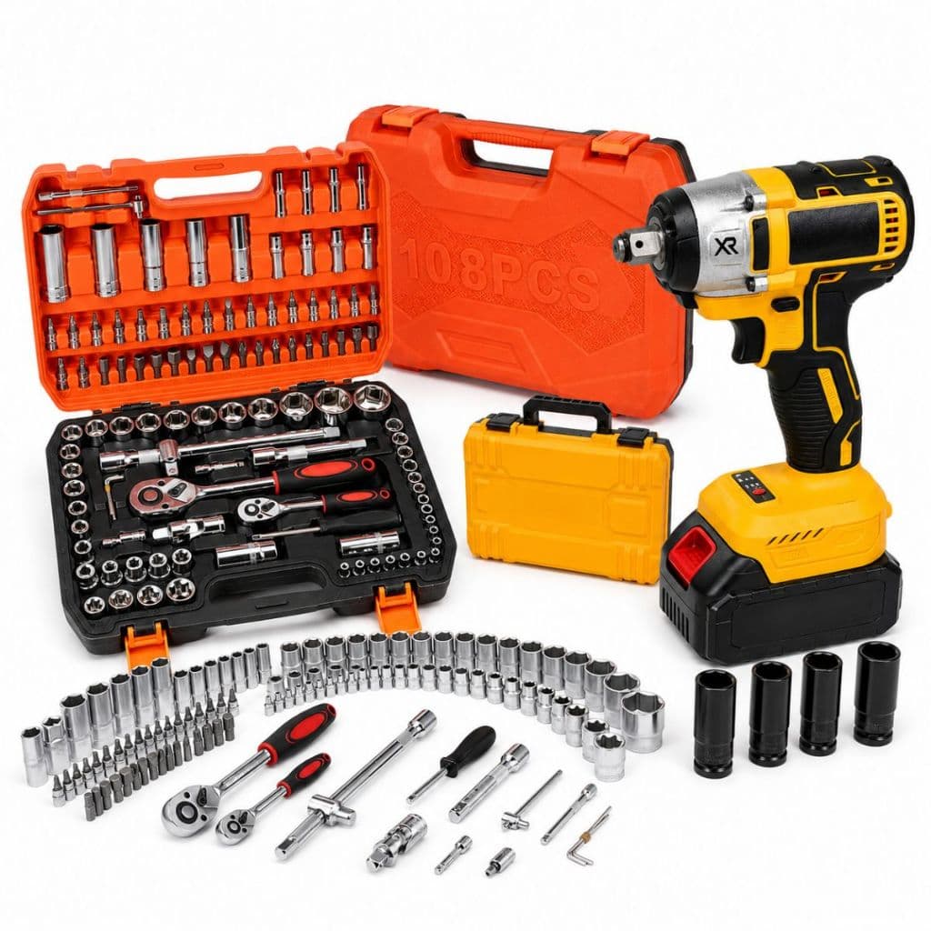 Kit Chave De Impacto Brushless 60V Encaixe 1/2 Bateria 4.0Ah Jogo De Soquetes Catraca 108 Peças Aço 2 Maleta Rigida