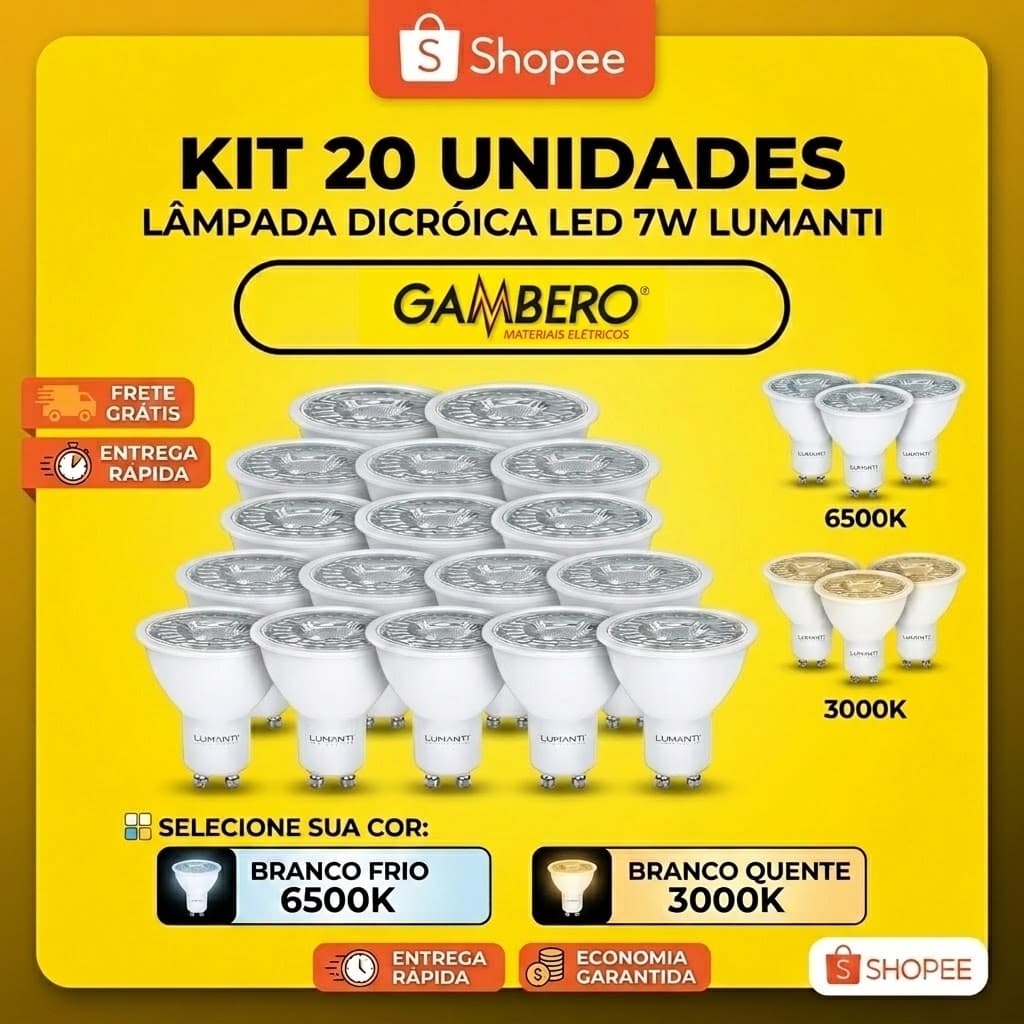Kit 20 Lampadas Dicroica Led 7w GU10 Para Teto Sanca Gesso Bivolt