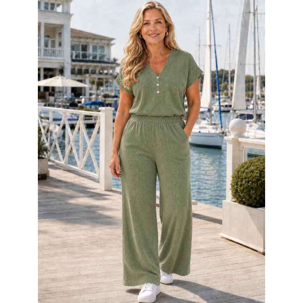 Conjunto Feminino Blusa Gola V e Calça Pantalona Tecido Viscolycra Listrada