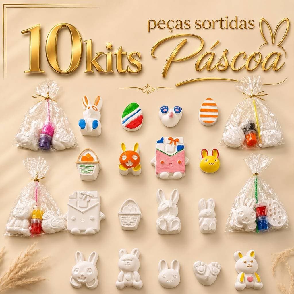 Kit 10 Lembrancinhas Pintura Infantil 2 Gesso Cru 1 Pincel 2 Guaches Pascoa Ovos Coelho Criança