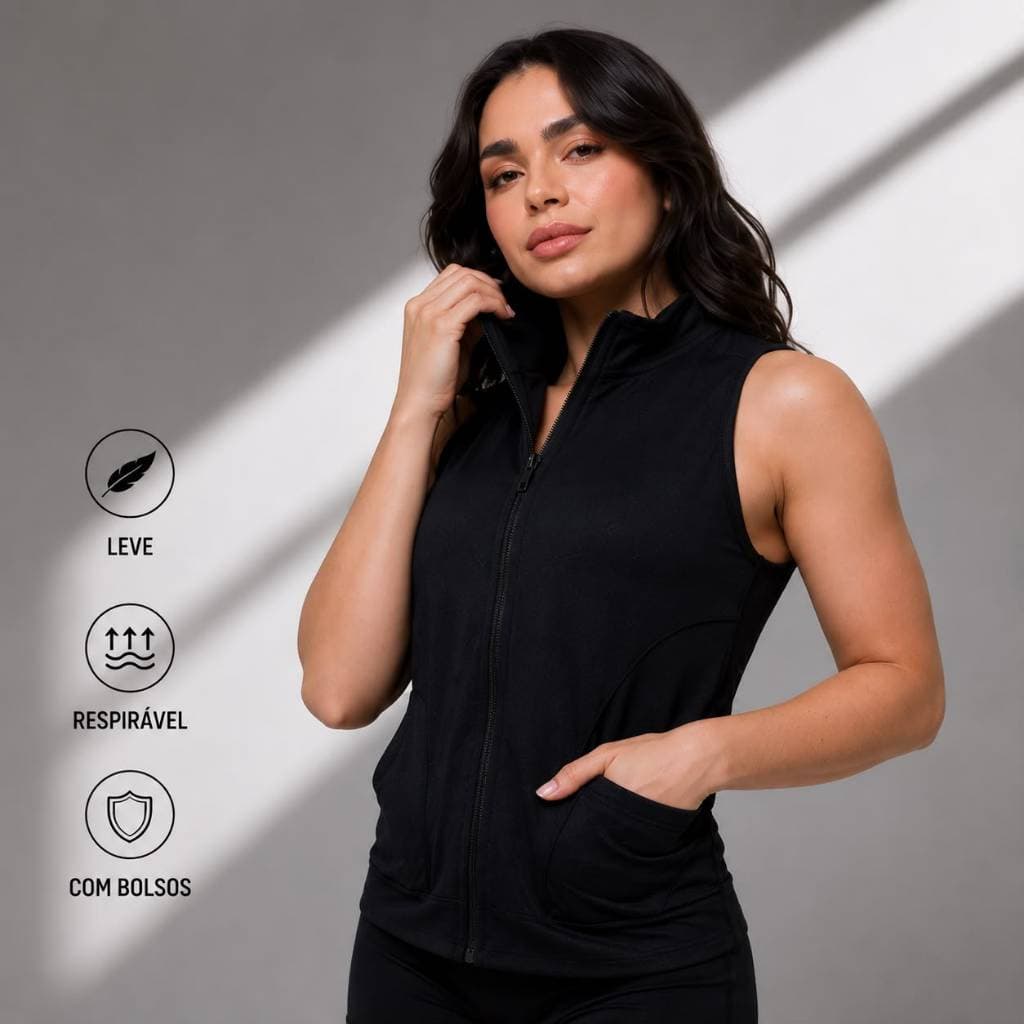 Colete Feminino Dry Fit Poliamida Com Bolsos Zíper Frontal Academia Fitness Corrida Respirável