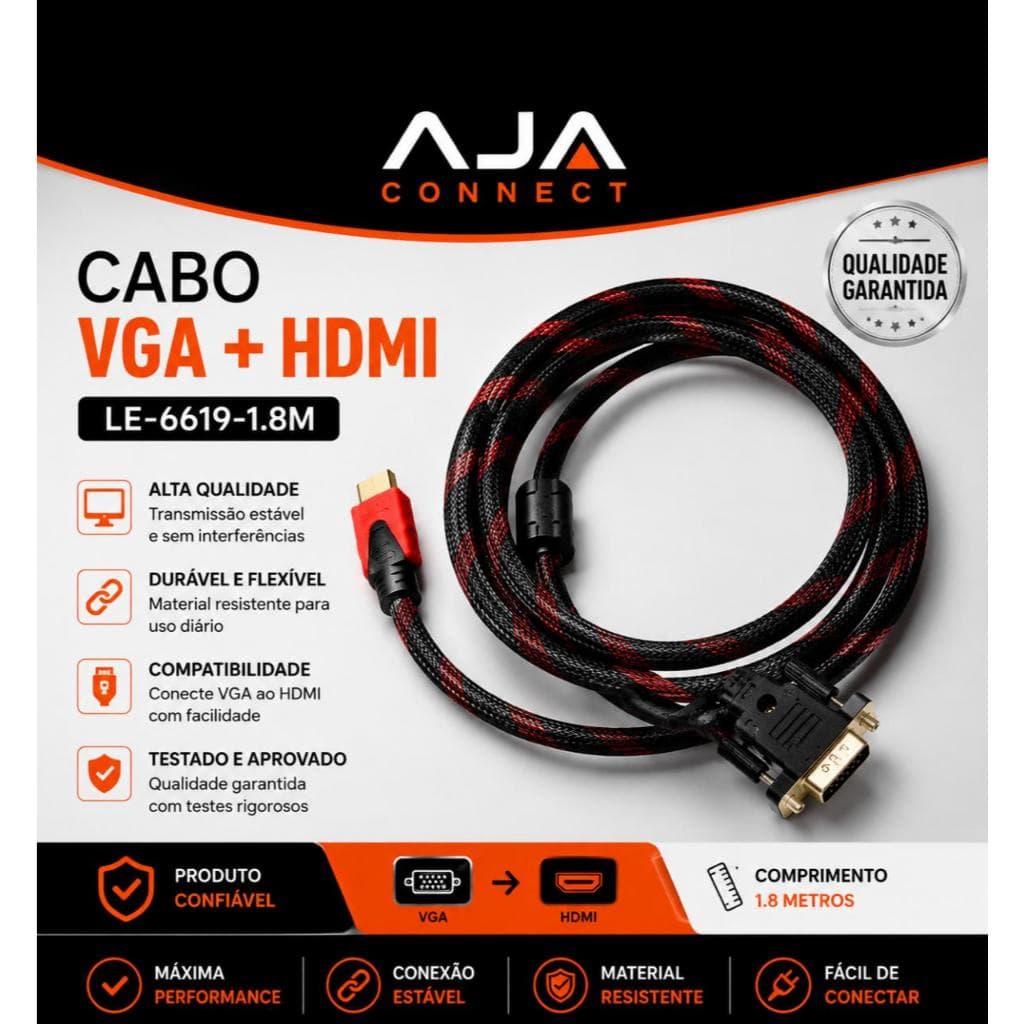 Cabo VGA para HDMI 1,8m LE-6619 IT-BLUE Alta Qualidade PC Monitor TV